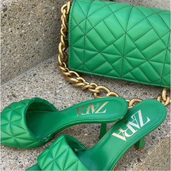 Zara Green Quilted Chunky Chain Strap Shoulder Flap Bag - Picture 2 of 3